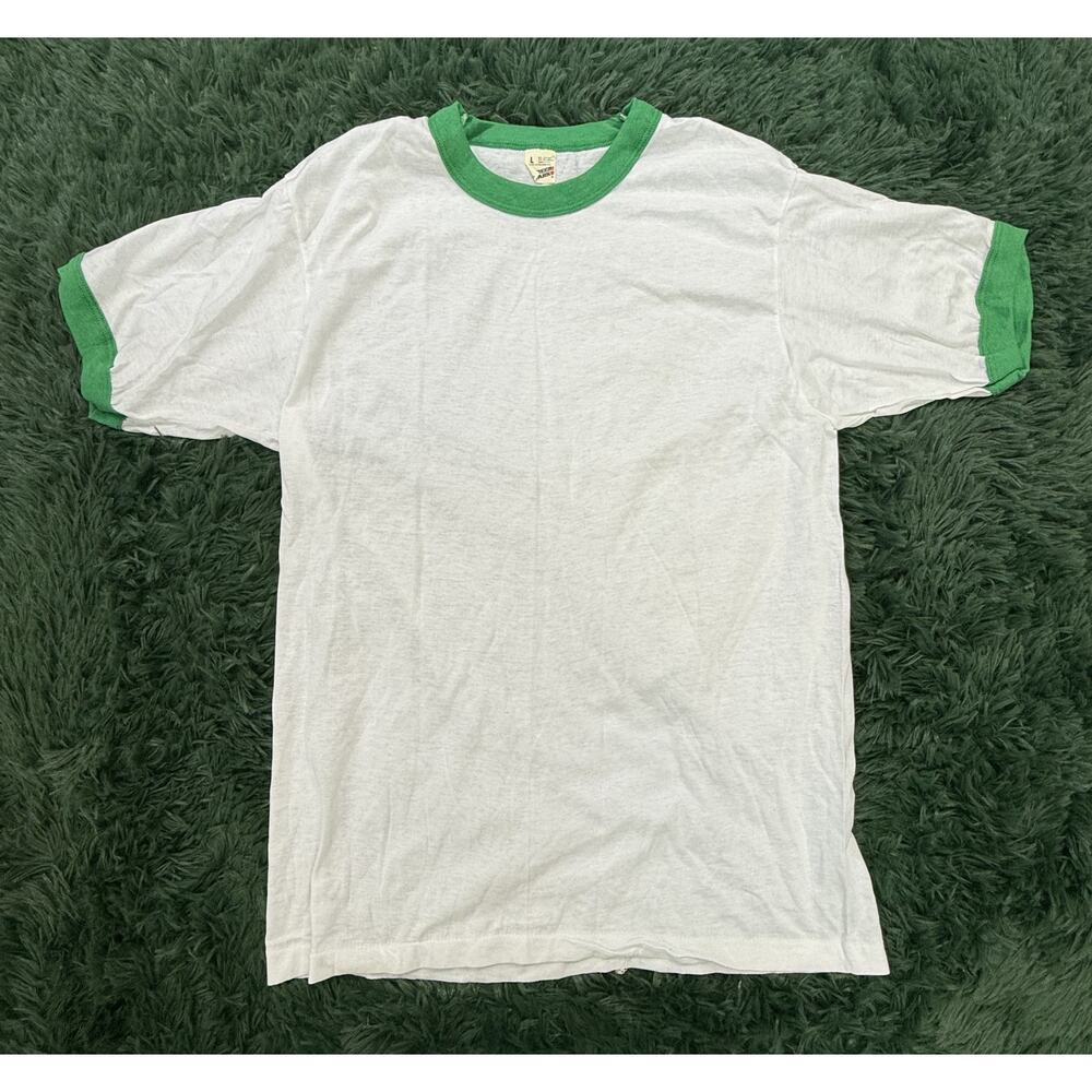 Vintage Screen Stars 50/50 Ringer T-Shirt Men's Large White Green Made in USA
